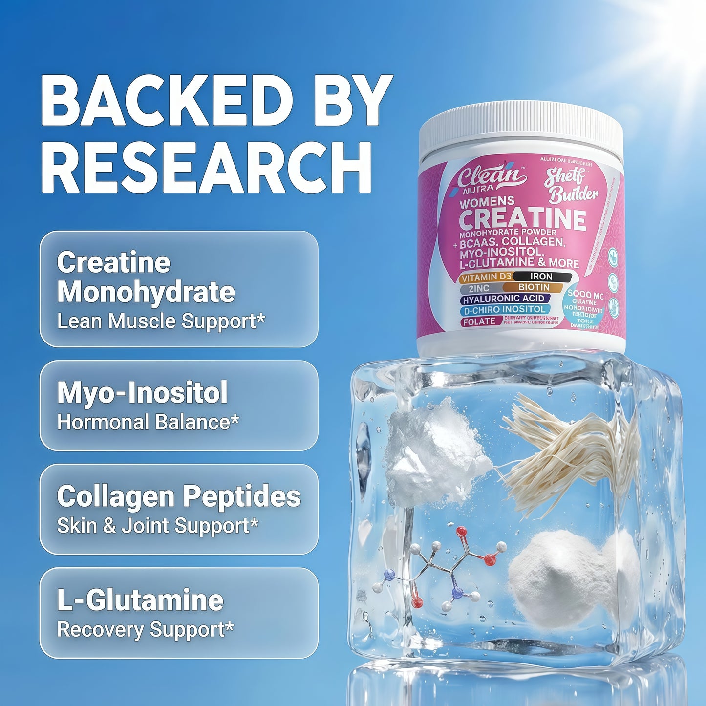 Creatine for Women | Creatine Monohydrate + BCAA Powder Myo-Inositol Collagen Biotin Hyaluronic Acid Folate L Glutamine Vitamin D3 Iron Zinc D-Chiro-Maca Digestion Shelf Builder By Clean Nutra