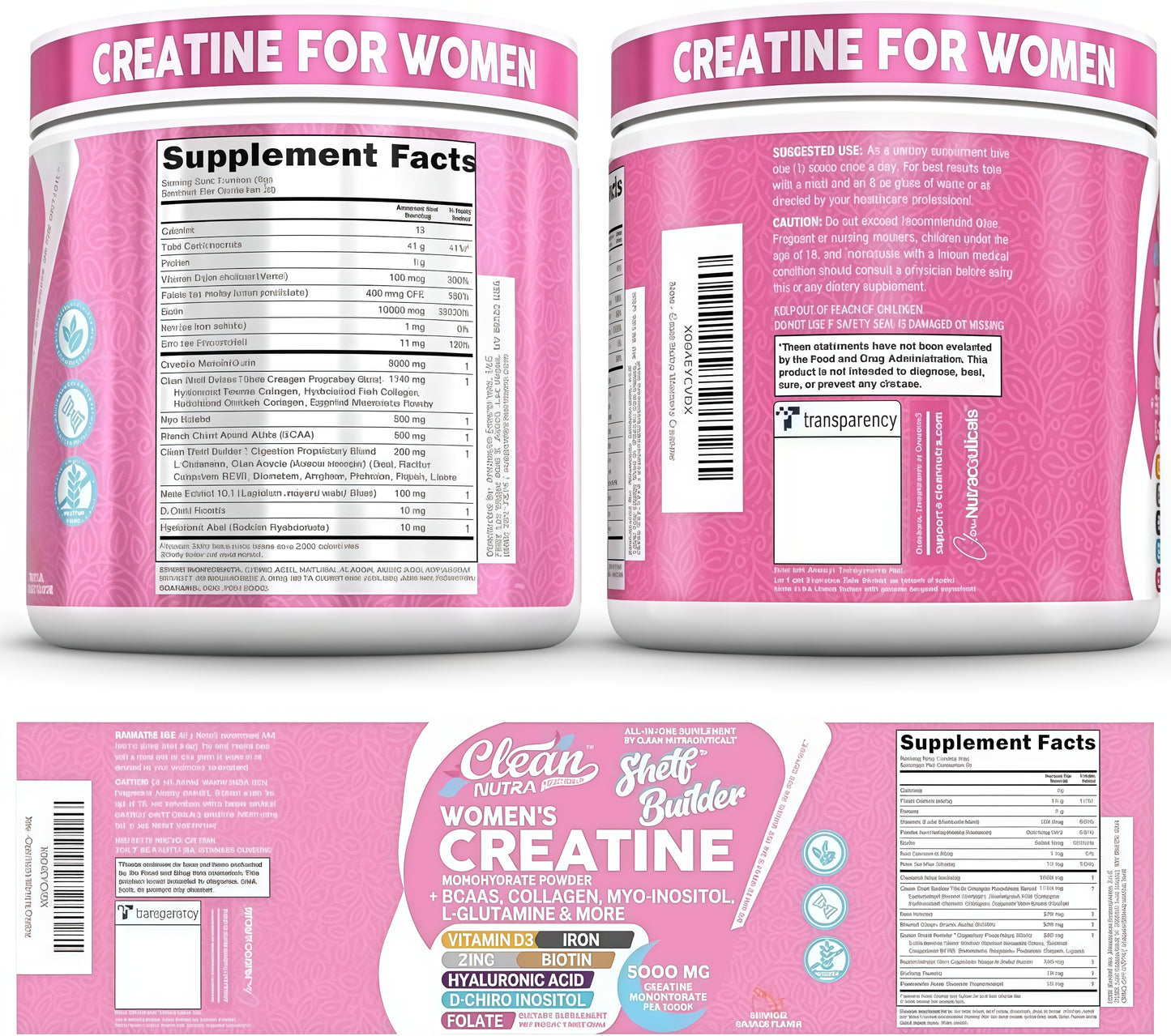 Creatine for Women | Creatine Monohydrate + BCAA Powder Myo-Inositol Collagen Biotin Hyaluronic Acid Folate L Glutamine Vitamin D3 Iron Zinc D-Chiro-Maca Digestion Shelf Builder By Clean Nutra