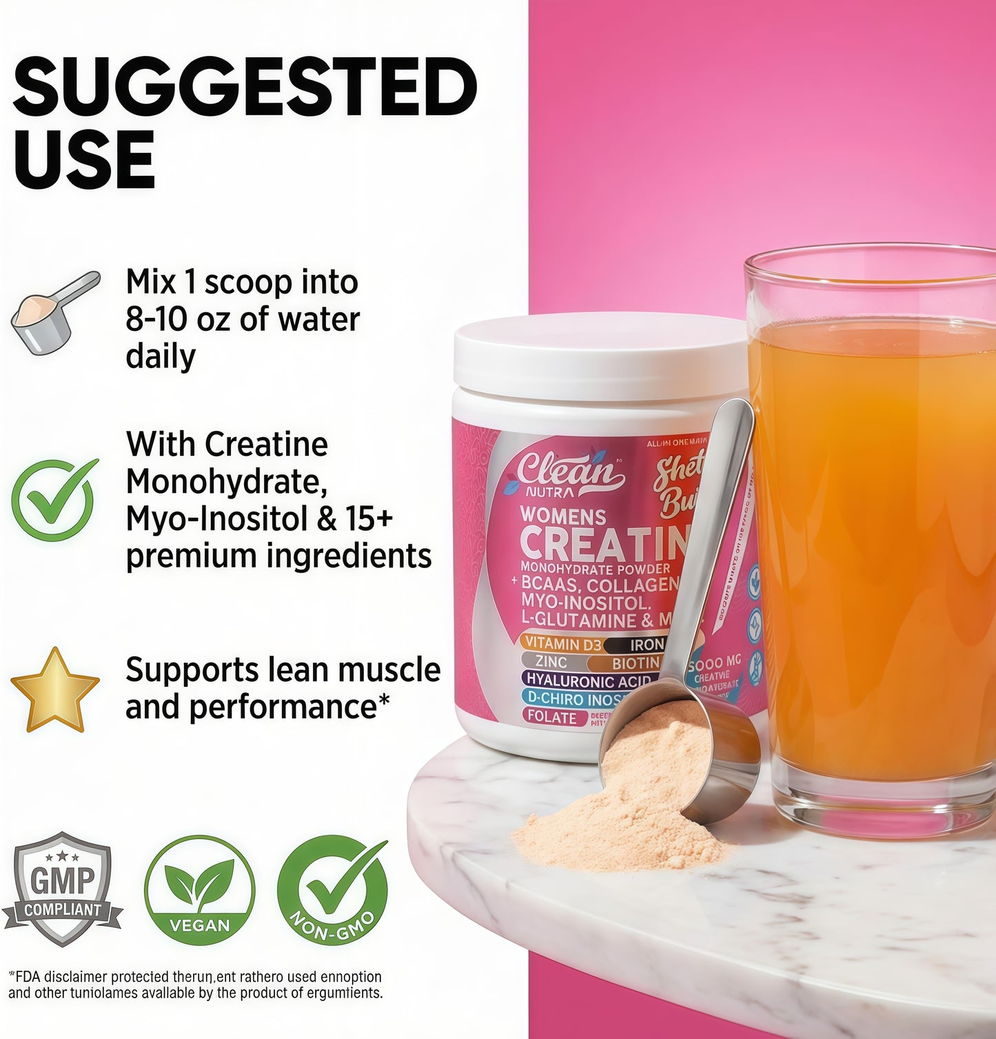 Creatine for Women | Creatine Monohydrate + BCAA Powder Myo-Inositol Collagen Biotin Hyaluronic Acid Folate L Glutamine Vitamin D3 Iron Zinc D-Chiro-Maca Digestion Shelf Builder By Clean Nutra