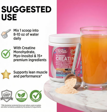Creatine for Women | Creatine Monohydrate + BCAA Powder Myo-Inositol Collagen Biotin Hyaluronic Acid Folate L Glutamine Vitamin D3 Iron Zinc D-Chiro-Maca Digestion Shelf Builder By Clean Nutra