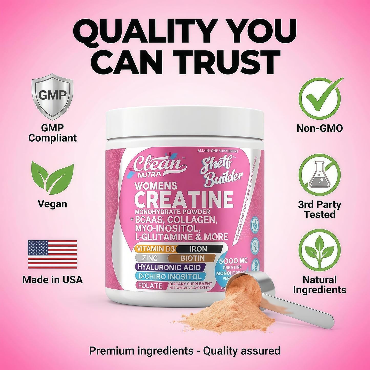Creatine for Women | Creatine Monohydrate + BCAA Powder Myo-Inositol Collagen Biotin Hyaluronic Acid Folate L Glutamine Vitamin D3 Iron Zinc D-Chiro-Maca Digestion Shelf Builder By Clean Nutra