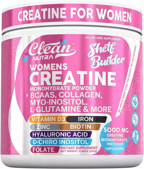 Creatine for Women | Creatine Monohydrate + BCAA Powder Myo-Inositol Collagen Biotin Hyaluronic Acid Folate L Glutamine Vitamin D3 Iron Zinc D-Chiro-Maca Digestion Shelf Builder By Clean Nutra